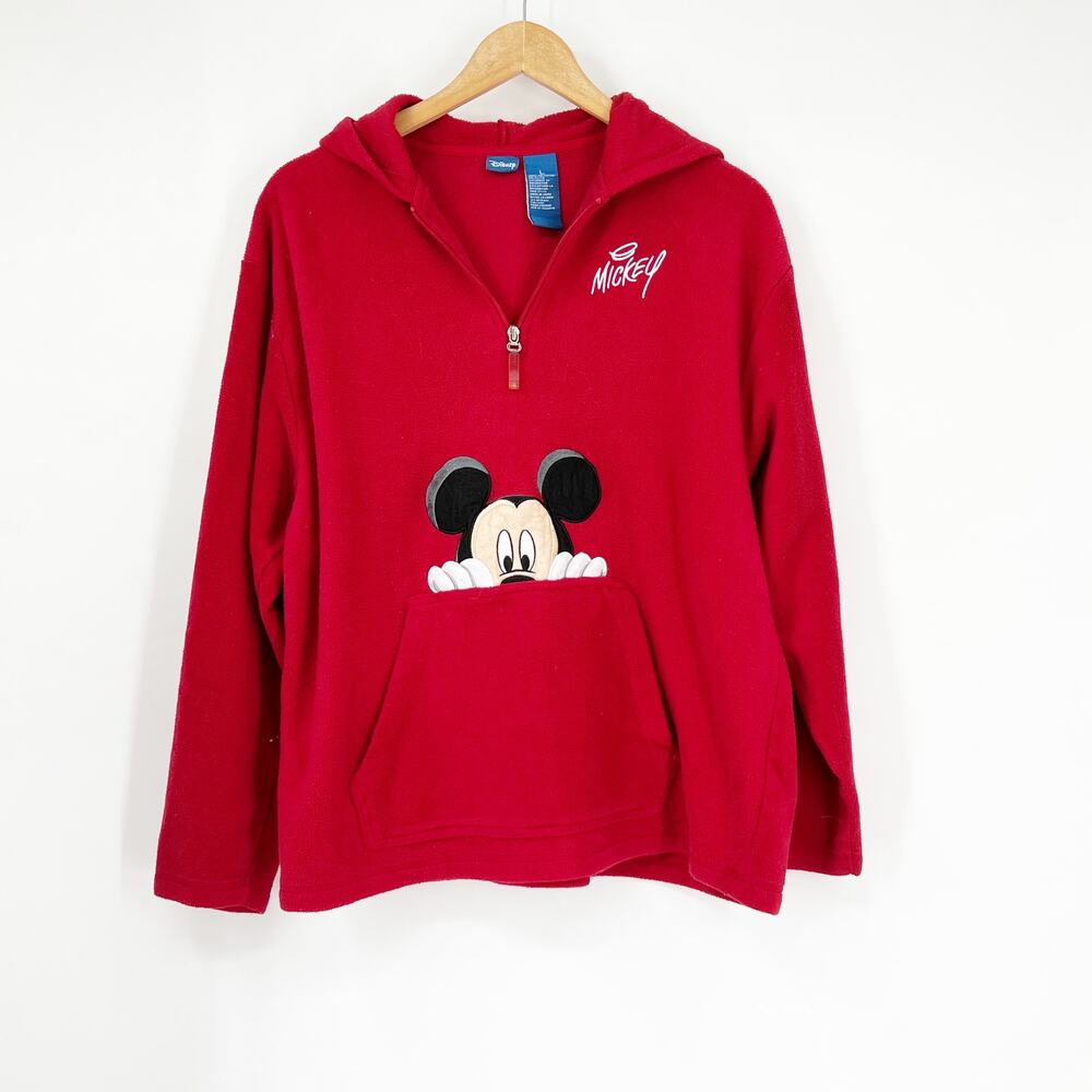 Vintage Disney Mickey Mouse Fleece Quarter Zip Red Hoodie Large - Picture 1 of 4